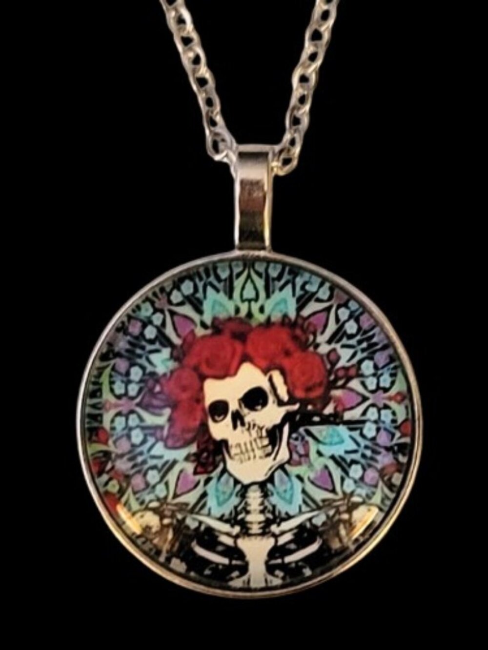 Grateful Dead Skull & Roses Pendant Cabochon  Necklace Stainless Steel Chain